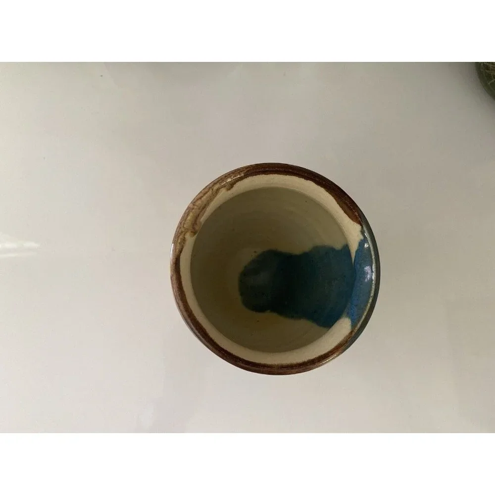 Blue and Brown Glazed Rare Signed by Artist Jen O MCM Studio Art Pottery Vase 5